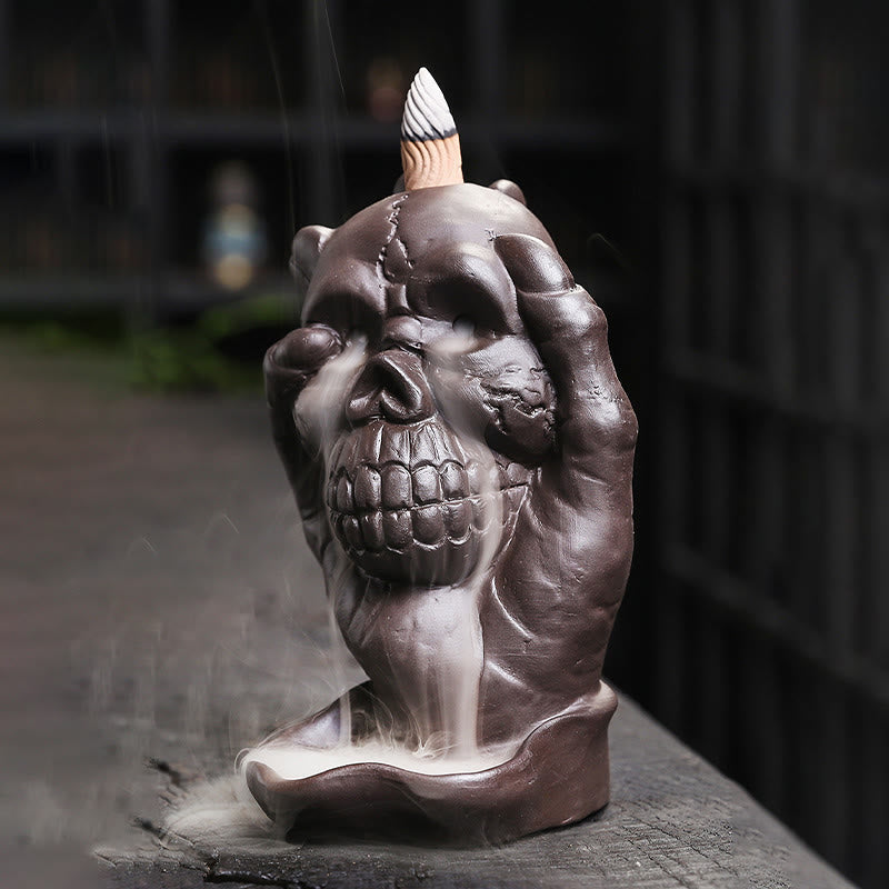 Gothic Skull and Ghost Hand Purple Clay Backflow Incense Burner