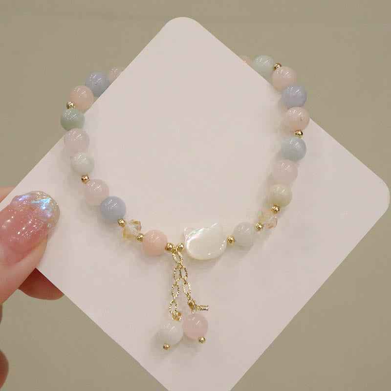 Natural Strawberry Quartz & Morganite Tridacna Gemstone Carved Cat Charm Bracelet