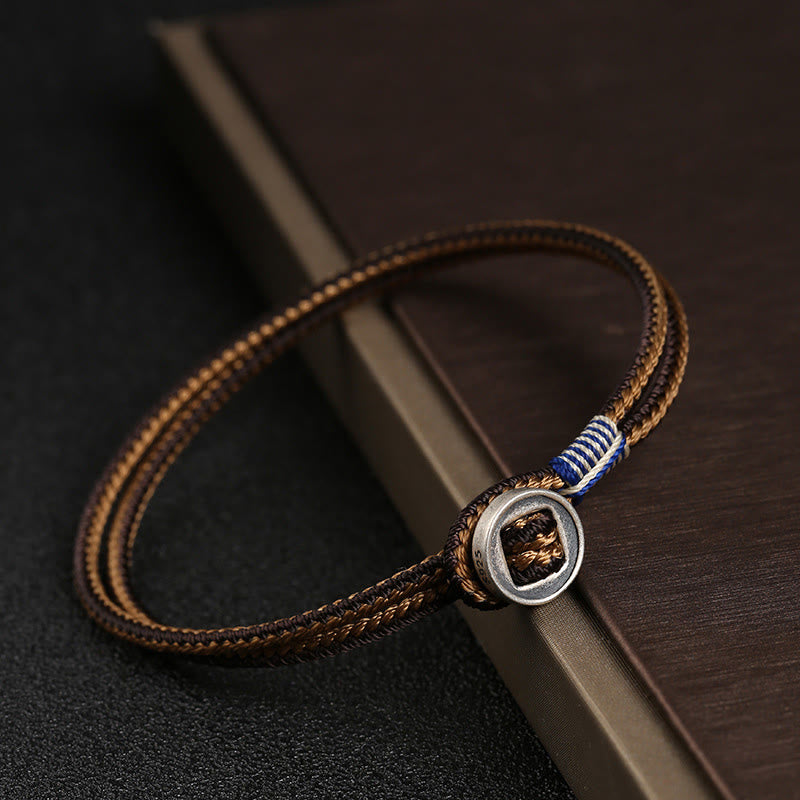 Handmade 925 Sterling Silver Button Weave Cord Bracelet for Men and Women