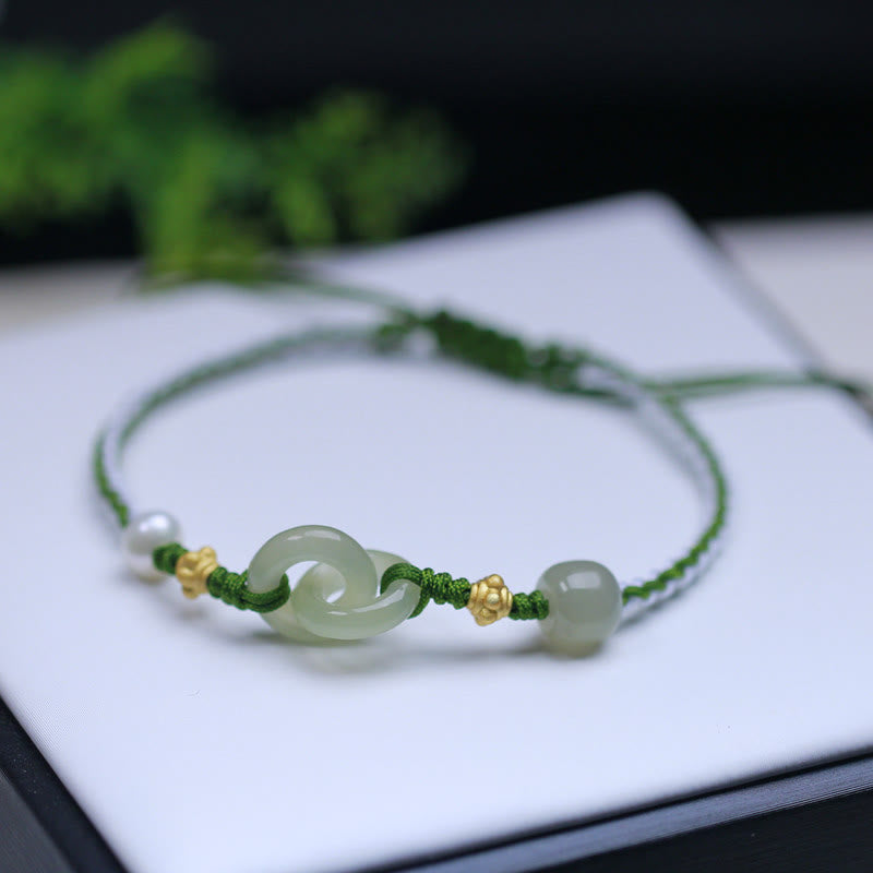 925 Sterling Silver Hetian Jade Double Peace Buckle Luck Braided Bracelet