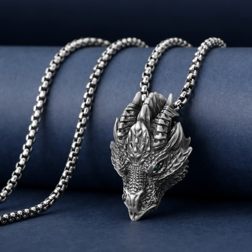 Pure Tin Dragon Head Luck Protection Metal Necklace Pendant