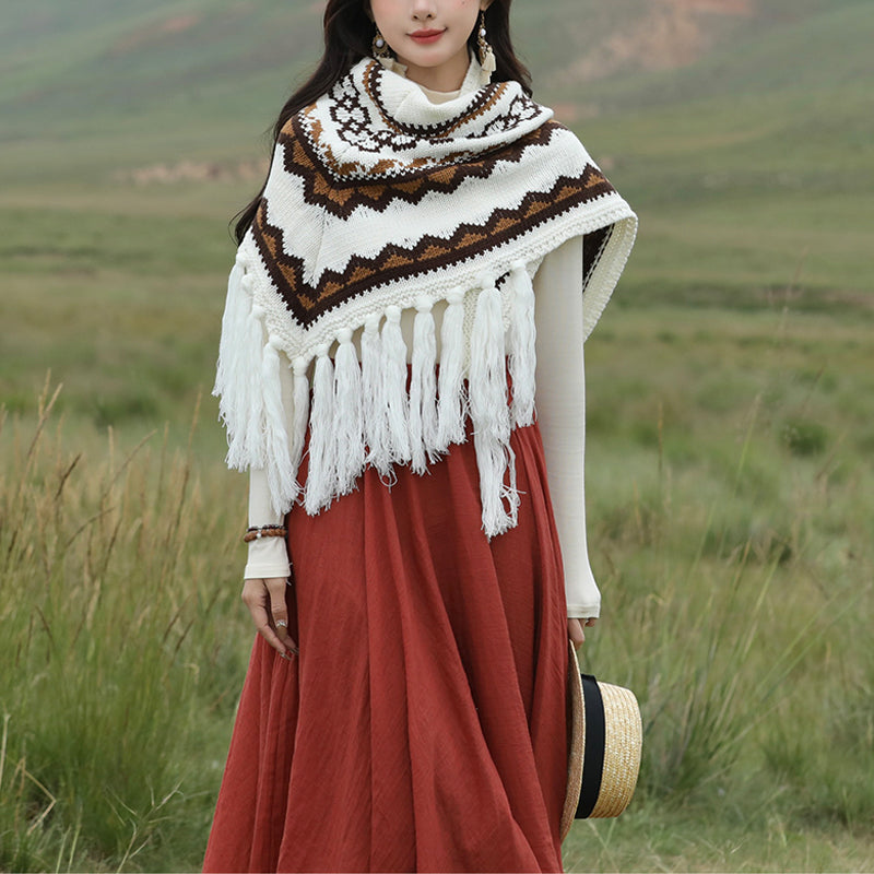 Tibetan Triangular Shawl Striped Tassels Winter Cozy Travel Scarf Wrap