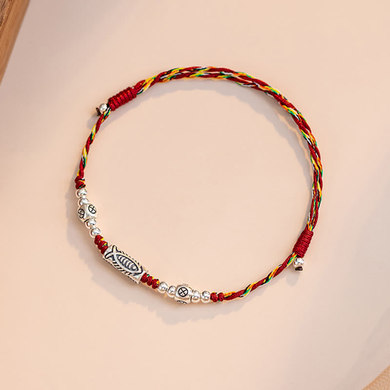 Braided Red String & 925 Sterling Silver Koi Fish Adjustable Bracelet Anklet