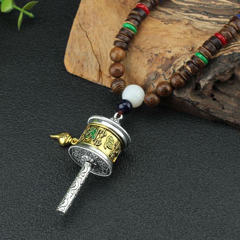 Tibetan Om Mani Padme Hum Prayer Wheel Rotation Vajra Wood Necklace Pendant