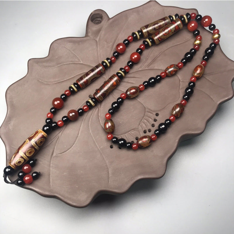 Handmade Nine-Eye Dzi Bead and Red Agate 9x12mm Unisex Necklace