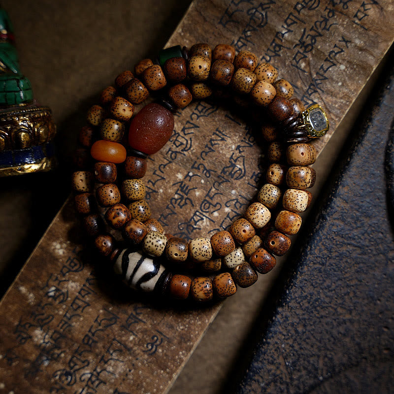 Tibetan Bodhi Seed Amber Dzi Bead Agate Zakiram Goddess of Wealth Beads Triple Wrap Bracelet