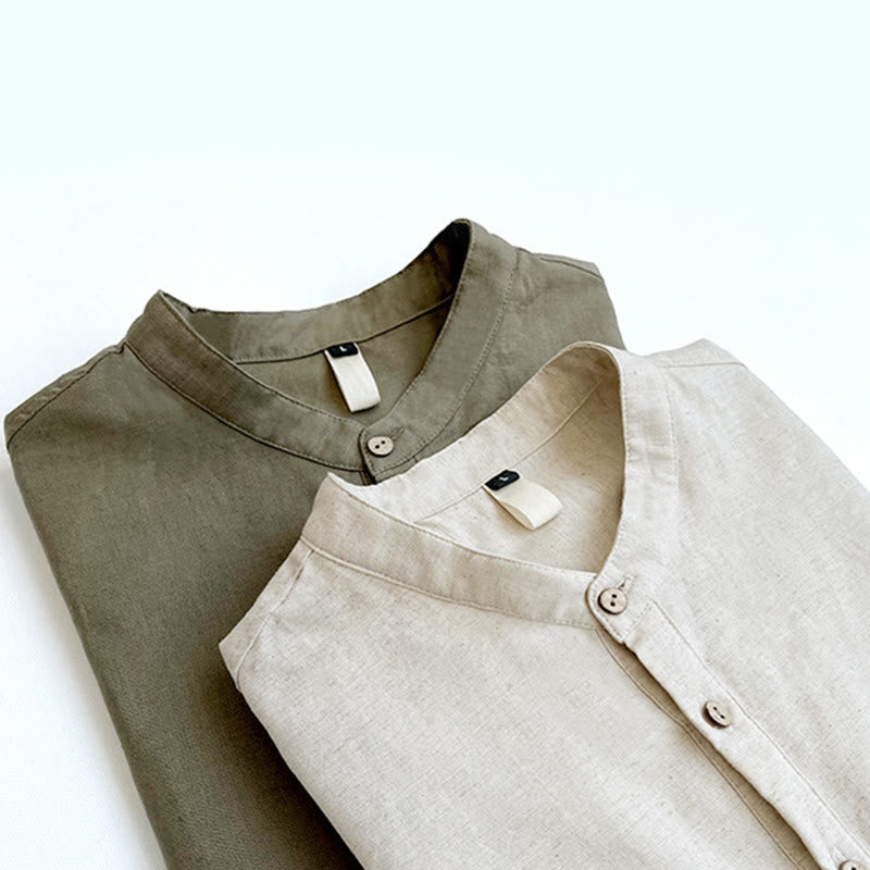 Solid Color Men Short Sleeve Button Linen Shirt