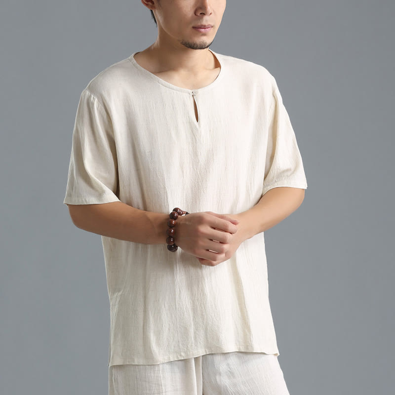 Breathable Cotton-Linen Crew Neck Short Sleeve Meditation Shirt
