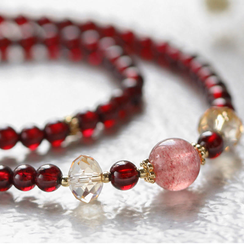 14K Gold Plated Natural Garnet Strawberry Quartz Stability Double Wrap Bracelet