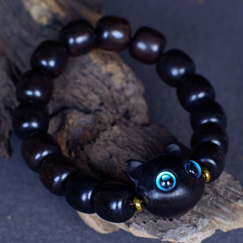 Natural Ebony Wood and Liuli Glass Lucky Cat Beaded Bracelet for Cat Lovers