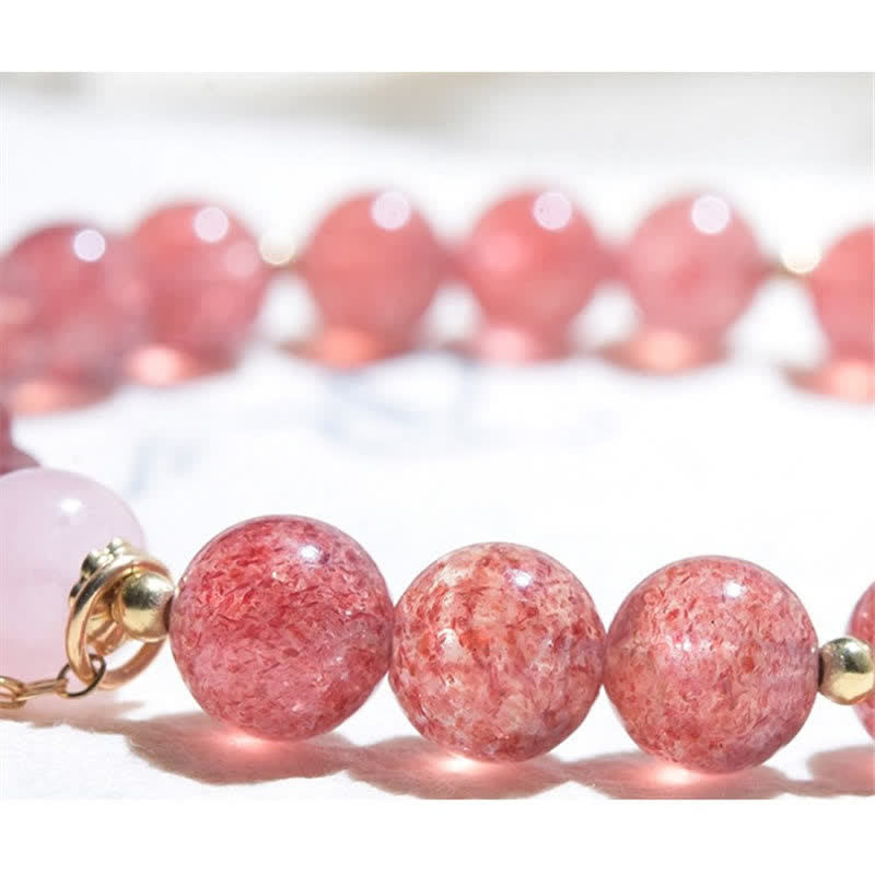Handmade Rose & Strawberry Quartz Crystal Cat Paw Beaded Bracelet