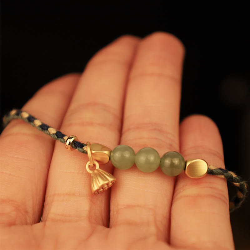 Handcrafted Hetian Jade Lotus Charm Luck Braided Bracelet