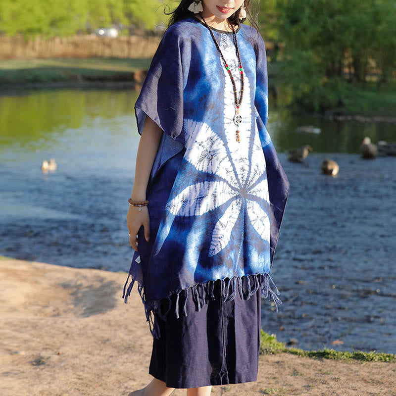 Artisanal Blue Batik Maple Leaf Mindful Travel Shawl Pullover