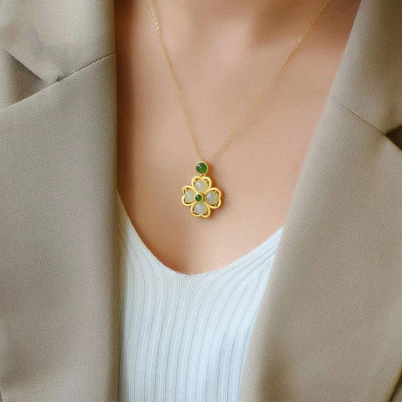 925 Sterling Silver Lucky Four Leaf Clover Jade Prosperity Necklace Chain Pendant