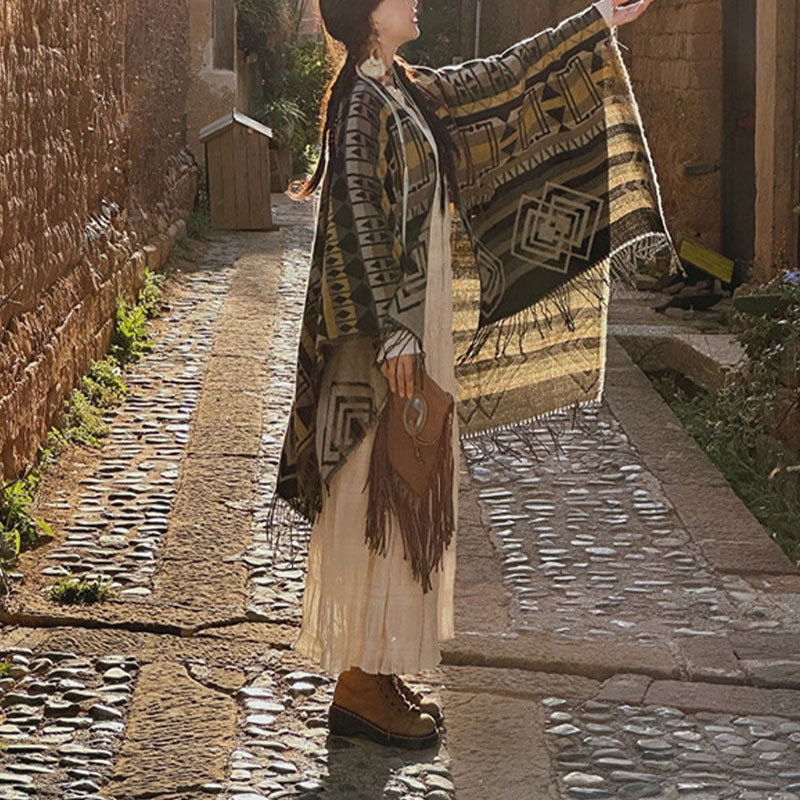 Tibetan Shawl Striped Geometric Pattern Winter Cozy Travel Tassel Scarf Wrap