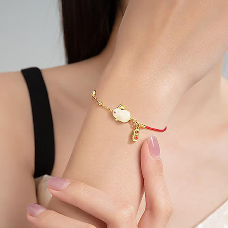 Year of the Rabbit White Jade Happiness Red String Chain Bracelet