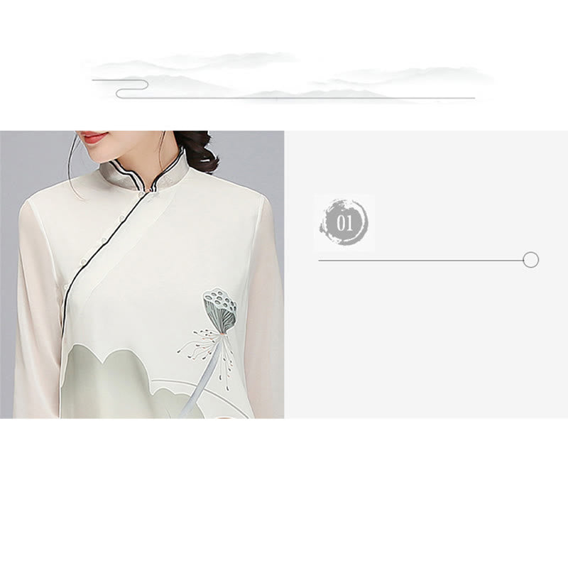 Lotus Flower Pod Chiffon Cheongsam Midi Dress Meditation Zen Practice Clothing
