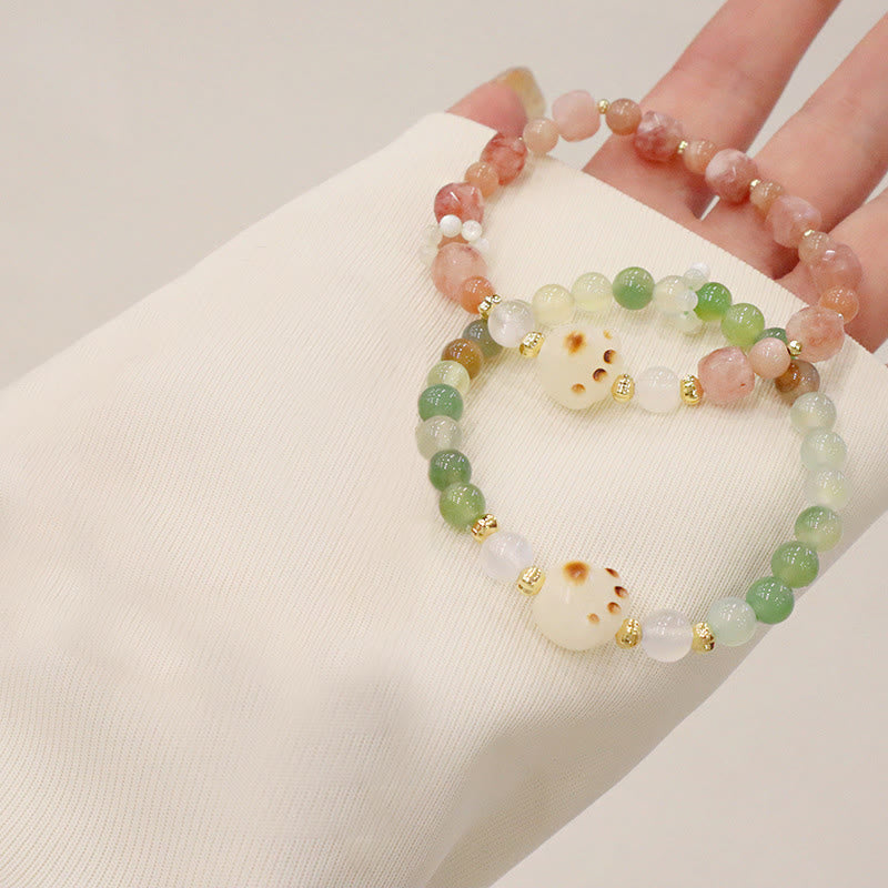 Natural Bodhi Seed and Cat's Eye Beaded Bracelet with Green Agate or Sunstone Cat Paw