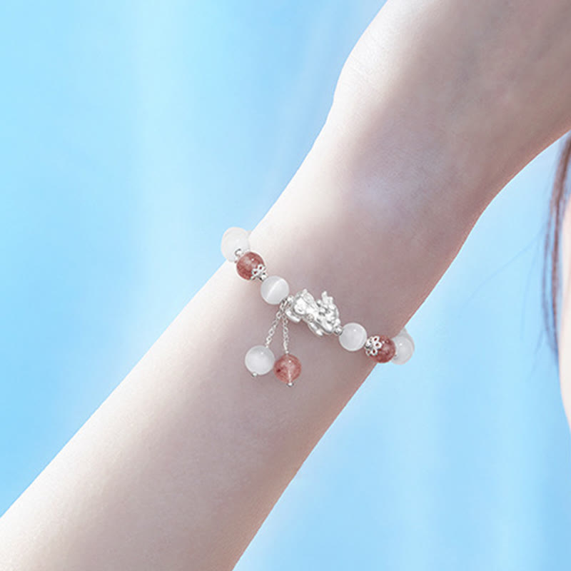 Natural Cat's Eye Moonstone Strawberry Quartz PiXiu Support Bracelet
