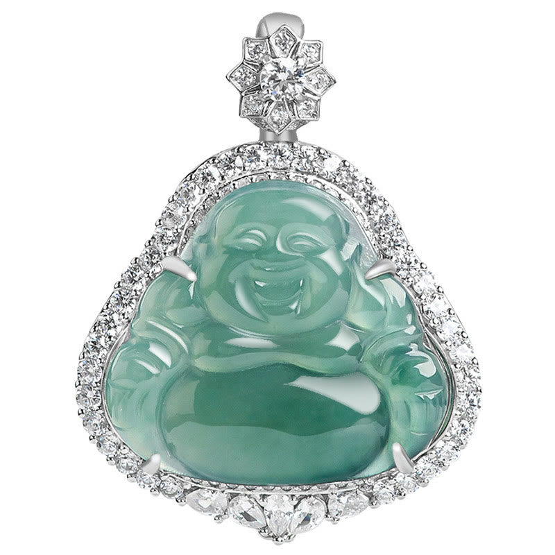 925 Sterling Silver Laughing Buddha Natural Jade Luck Abundance Chain Necklace Pendant