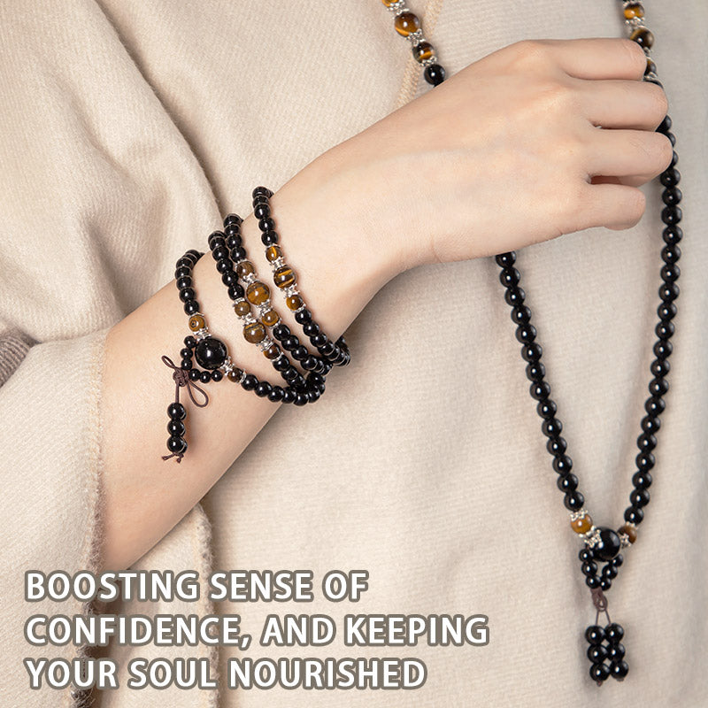 108 Beads Natural Black Obsidian Tiger Eye Mala Bracelet