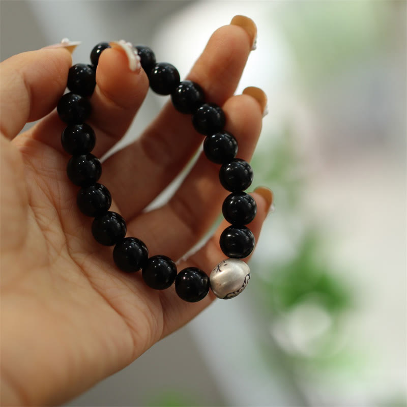 Engraved 925 Sterling Silver and Black Onyx Beaded Bracelet