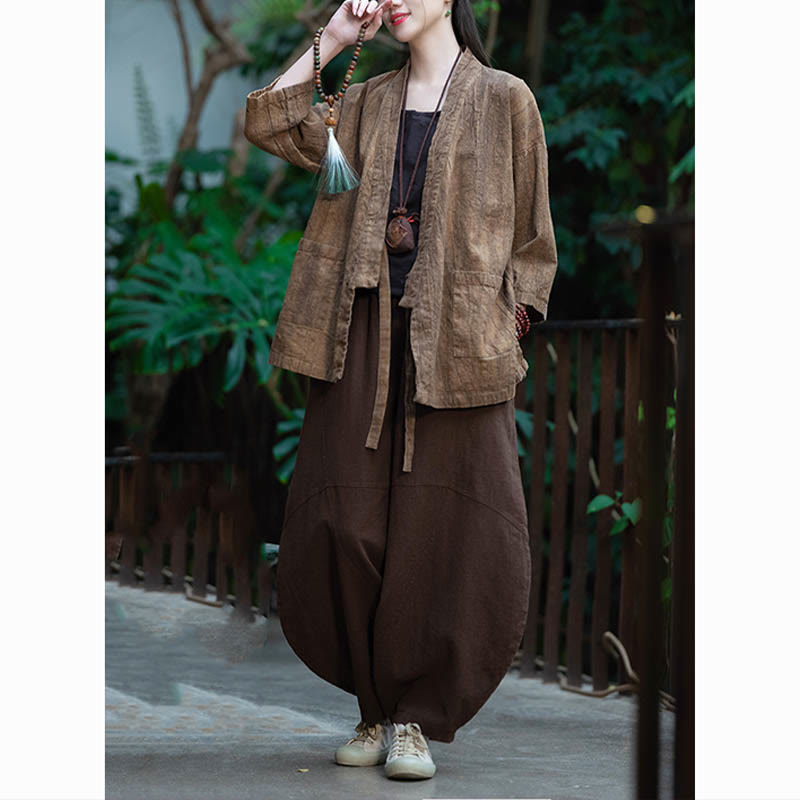 Hanfu Design Three Quarter Sleeve Ramie Linen Coat Open Front Top Jacket