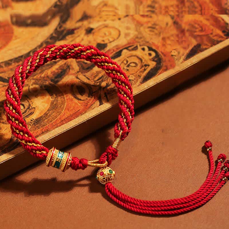 Handmade Tibetan Prayer Wheel & Endless Knot Braided Red String Bracelet