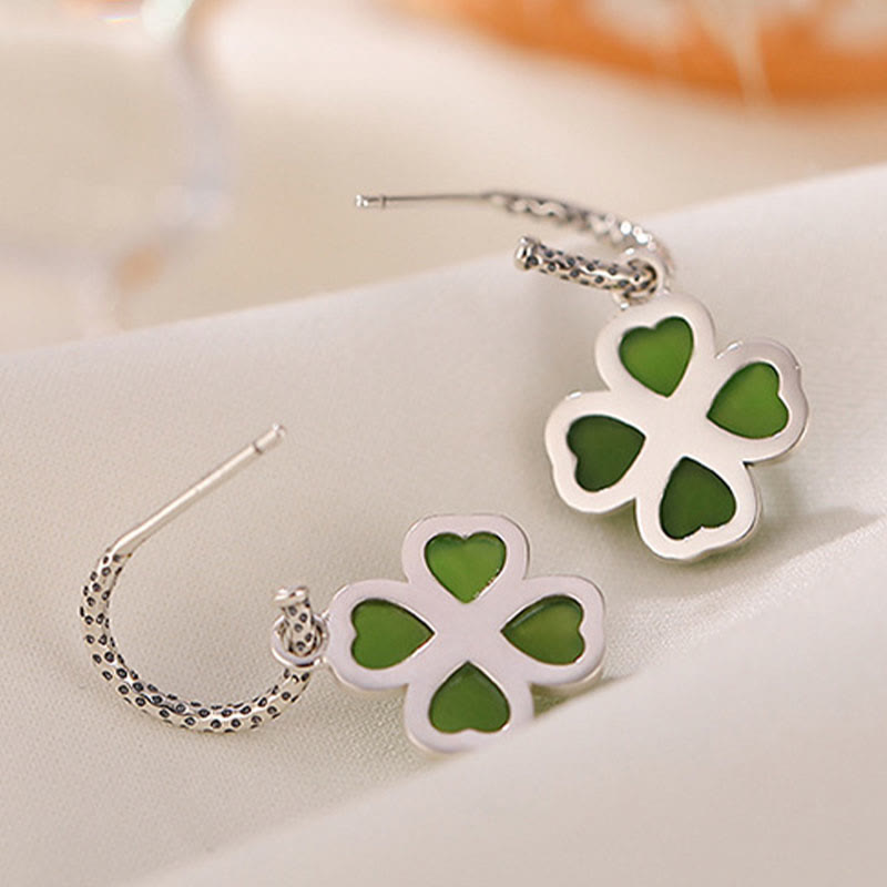 Natural Jade and 925 Sterling Silver Four-Leaf Clover Stud Earrings