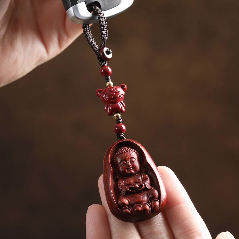 Small Leaf Red Sandalwood & Cinnabar Buddha Chinese Zodiac Carved Keychain