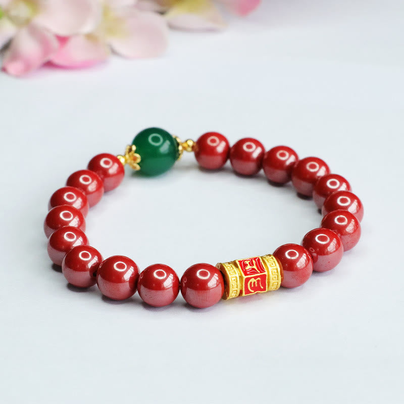 Natural Cinnabar and Green Agate Om Mani Padme Hum Inscribed Bead Bracelet