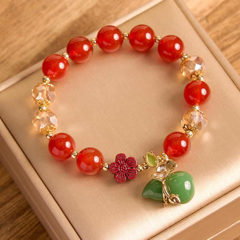 Natural Agate and Clear Quartz Beaded Bracelet with Cinnabar Flower and Wu Lou Gourd