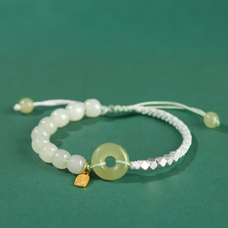 Hand-Woven Hetian Jade Ping An Kou Gold Plated Sterling Silver Beaded Bracelet