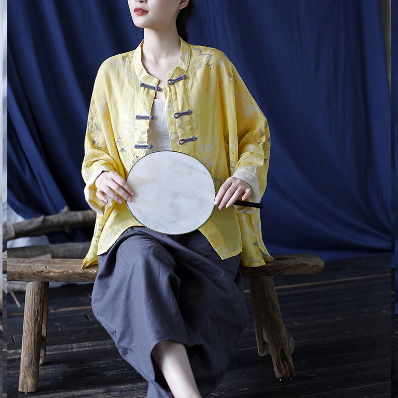 Yellow Phoenix Print Frog-button Design Long Sleeve Ramie Linen Jacket Shirt