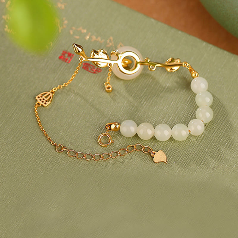 925 Sterling Silver Hetian Jade Peace Buckle Lotus Luck Chain Bracelet