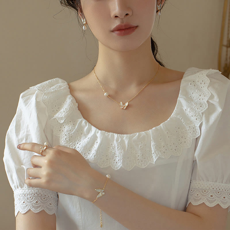 14K Gold Plated Copper Pearl Tridacna Stone Butterfly Blessing Ring Bracelet Necklace Pendant Earrings Set