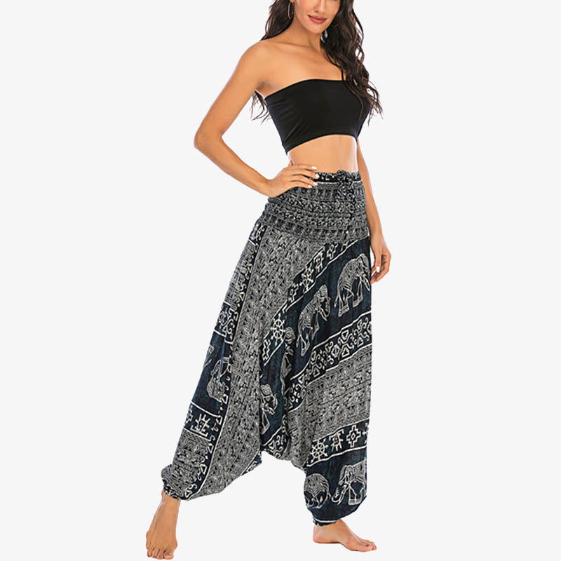 Two Style Wear Elephant Pattern Loose Smocked Harem Trousers Jumpsuit Women's Yoga Pants