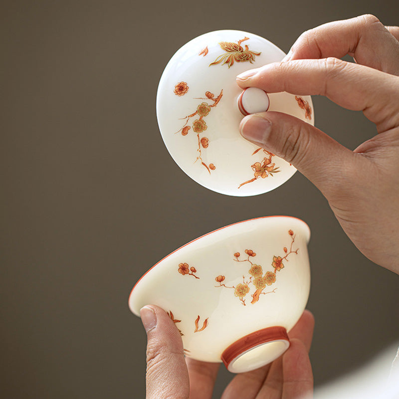 White Porcelain Flowers Ceramic Gaiwan Sancai Teacup Kung Fu Tea Cup And Saucer With Lid