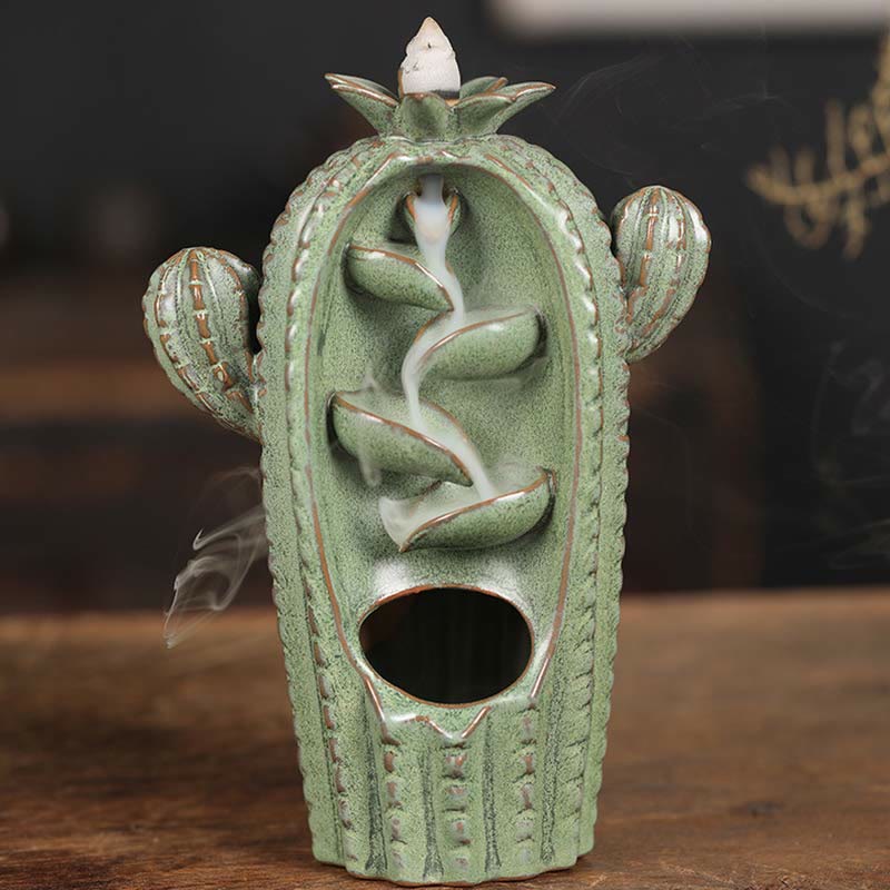 Handmade Cactus Ceramic Backflow Smoke Fountain Incense Burner
