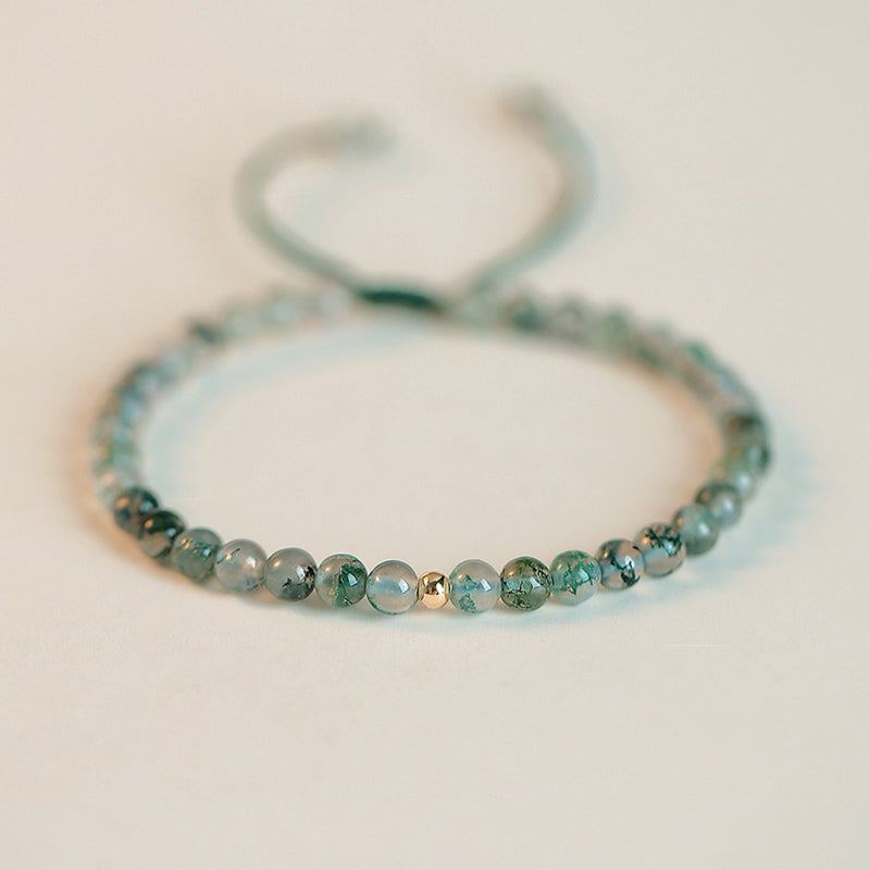 Moss Agate Beaded Bracelet with Copper Golden Accents, Adjustable Fit (14-19cm)