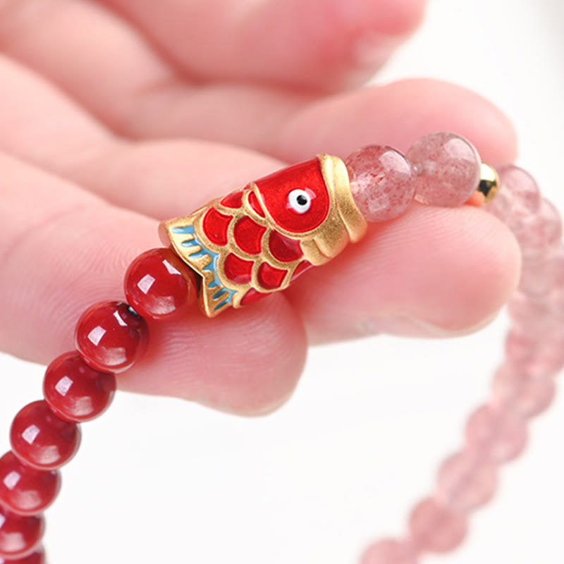 Natural Strawberry Quartz Cinnabar Lucky Koi Fish Healing Bracelet