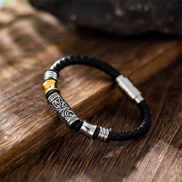 Tang Dynasty Flower Design Luck Stainless Steel Buckle Leather Bracelet