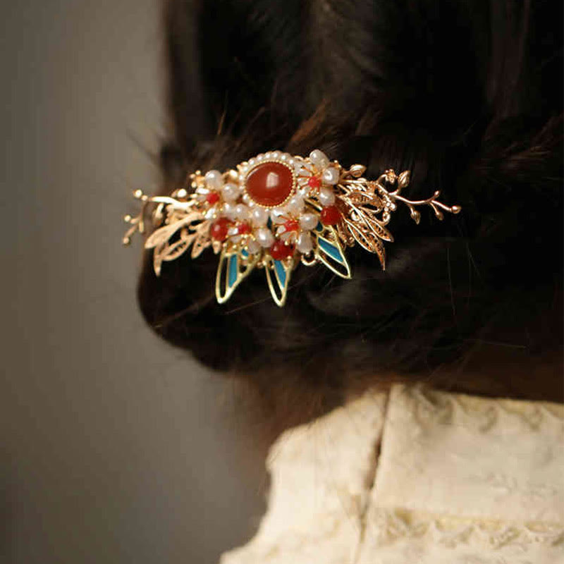 Classical Chinese Style Flower Branche Butterfly Pearl Tassel Hair Clip Hair Comb Hair Crown