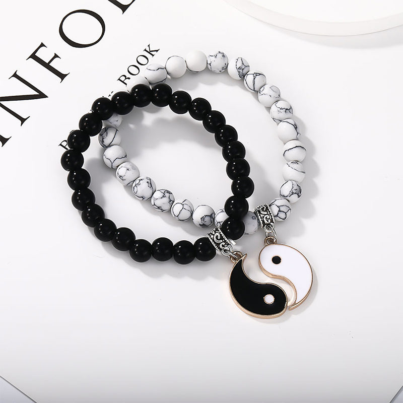 2Pcs Black Onyx White Turquoise Bead Yin Yang Protection Couple Bracelet