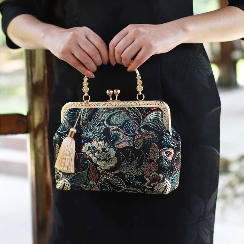 Vintage Flower Butterfly Crane Sea Waves Metal Chain Crossbody Bag Shoulder Bag Handbag