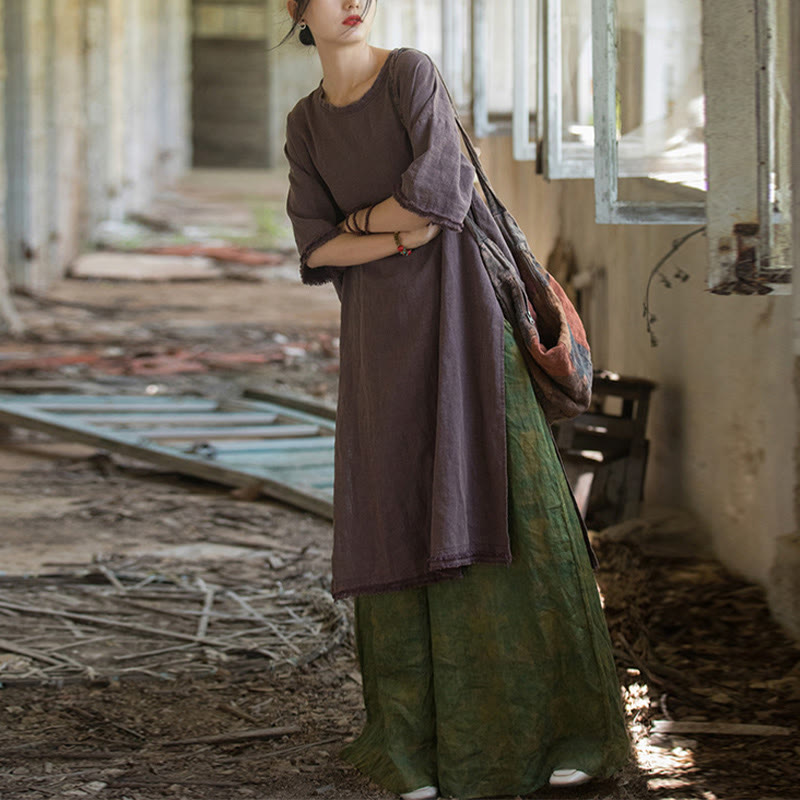 Mid Length Dress Ramie Linen Half Sleeve Split Hem Top T-Shirt