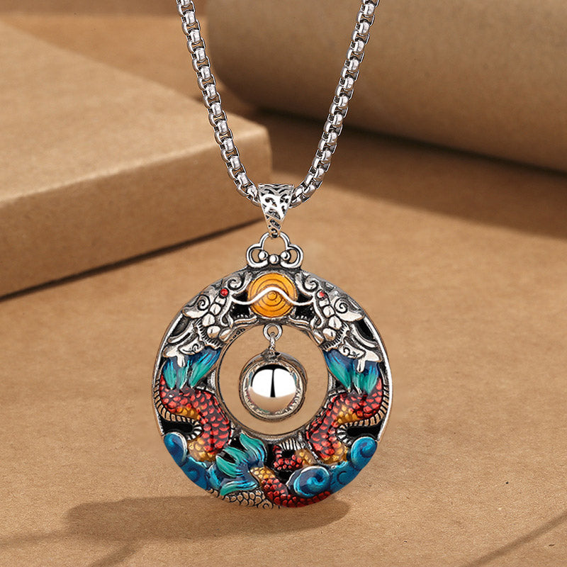 Year of the Dragon Colorful Double Dragons Playing Bead Copper Protection Necklace Pendant