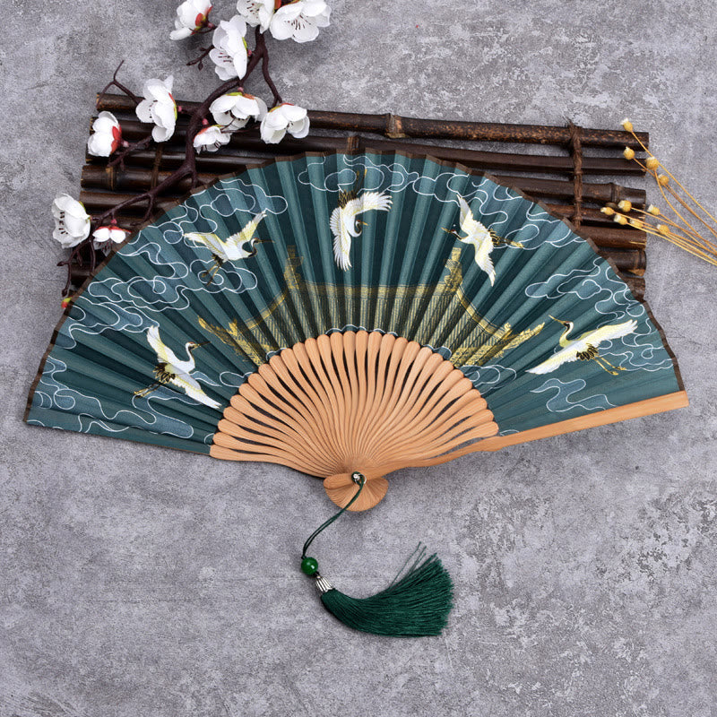 Vintage Cloud Crane Pattern Handheld Bamboo Folding Fan