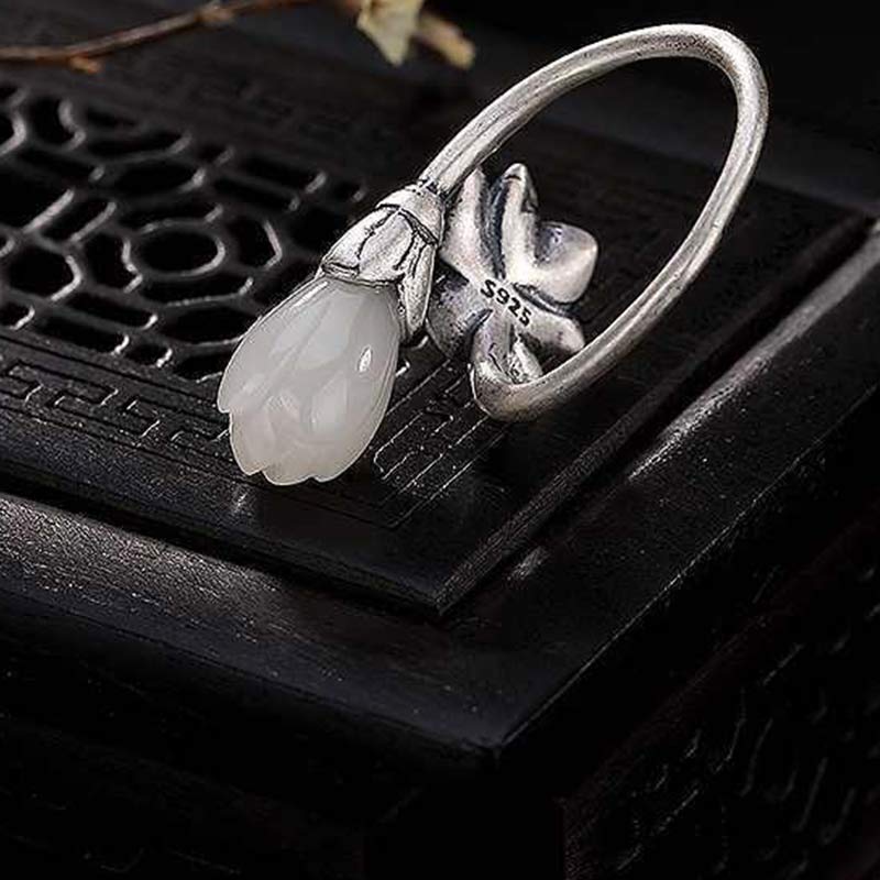 Handmade Copper Jade Lotus Adjustable Ring