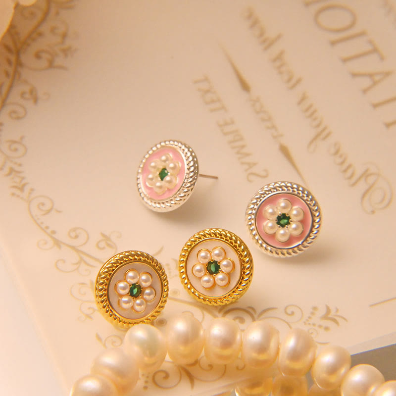 Gold & Sterling Silver Enamel Flower Earrings with Copper Accents